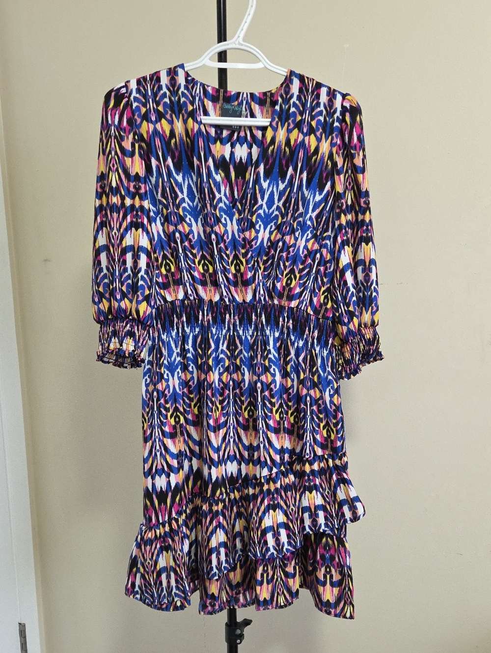 Gabby Skye Multi-Color Ikat Smocked Mini Dress (Blue, Pink, Yellow)